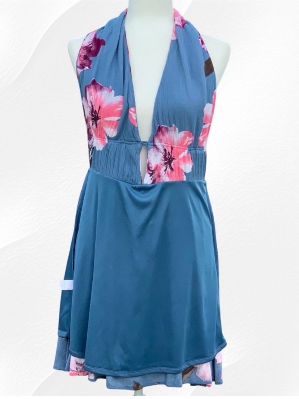 Venus Backless Blue & Pink Hibiscus Tropical Floral Crepe Halter Swing Dress 10 - Picture 6 of 11